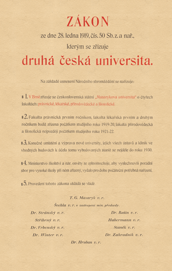 Slavnostní tisk zákona o zřízení Masarykovy univerzity