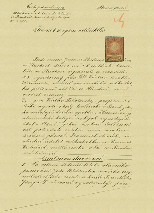 Darovací listina Kounicova paláce, strana 1