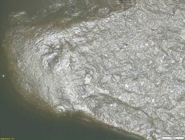 Mikrosnímek hrotu projektilu hladce zaobleného mnohonásobným kontaktem s kůží, zřejmě dna koženého toulce, z nitranského hrobu v Hroznové Lhotě (ČR)