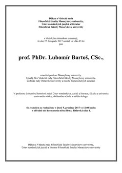 Ve věku 85 let zemřel prof. PhDr. Lubomír Bartoš, CSc.