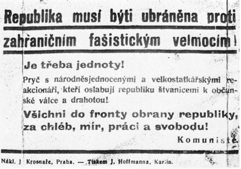 Leták Komunistické strany Československa proti fašistické agresi Německa. Public domain.