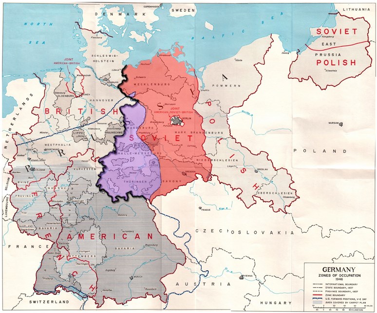 Mapa okupačních zón v poválečném Německu včetně vyznačení demarkační linie na území Československa, US Army, Wikimedia Commons, Public domain