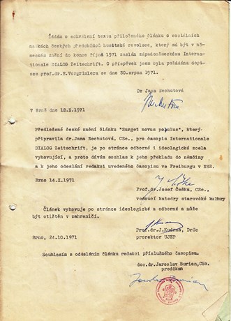 A difficult life of an academic during the normalization illustrated by the ideological approval to publish the paper of Jana Nechutová. Source: Archive of MU.