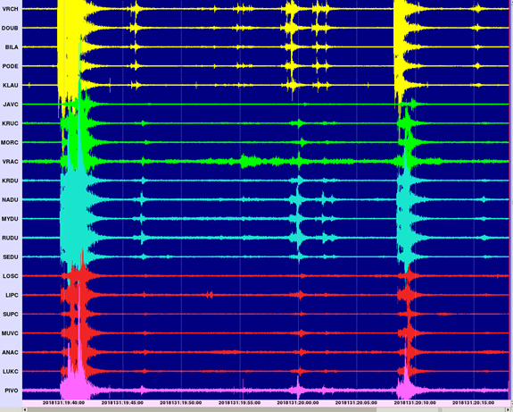 Ukázka typického záznamu našich stanic během seismického roje (11.5.2018)