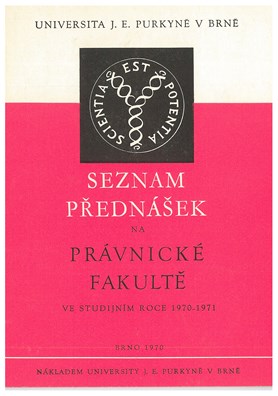 Revers medaile J. E. Purkyně užívaný jako univerzitní logo na Seznamu přednášek Právnické fakulty v roce 1970, grafická úprava Pravoslav Hauser