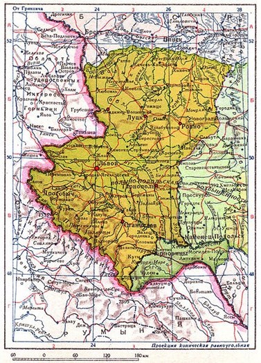 Foto 2: Mapa z roku 1940 ukazující někdejší polské území připojené k Ukrajinské SSR (žlutě), Soviet government, Wikimedia Commons, Public domain