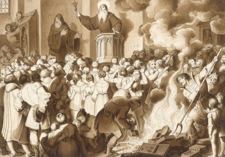 Dav pod vlivem kázání Jana Kapistrána spontánně pálí módní doplňky a další symboly rozmařilosti. Kresba Karla Russe z roku 1832. Zdroj: Wikimedia Commons