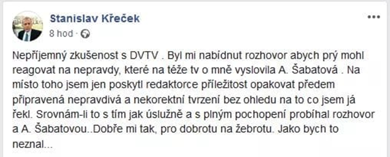Křeček označil rozhovor pro DVTV na svém Facebooku za nepříjemnou zkušenost. Příspěvek poté smazal.
