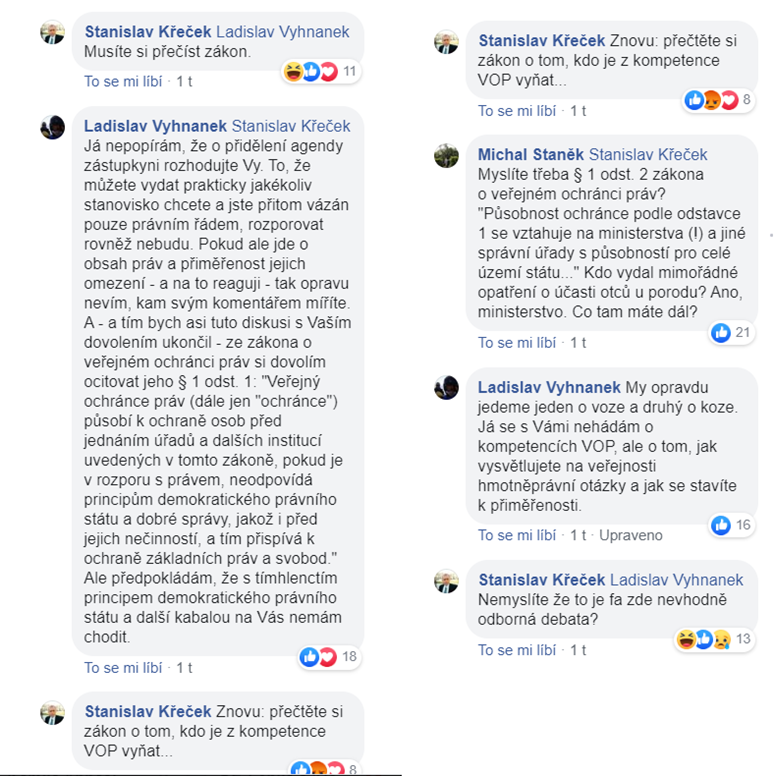 Na svém Facebooku Stanislav Křeček zpochybňuje pravomoc šetřit opatření směřující k omezení přítomnosti otců u porodu.