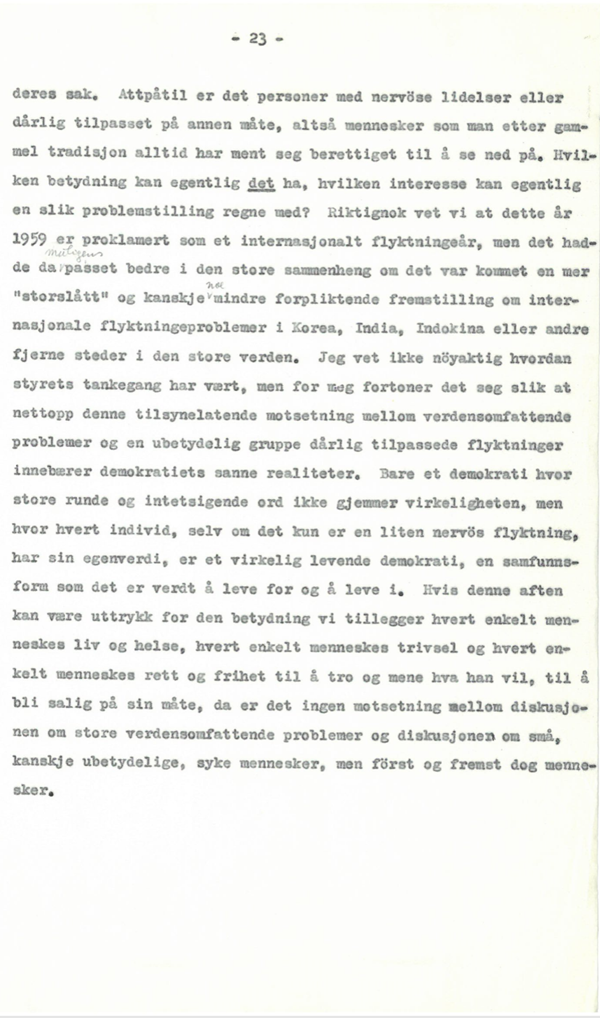 Extract of the script of Eitinger’s speech in the Student Society, 1957.