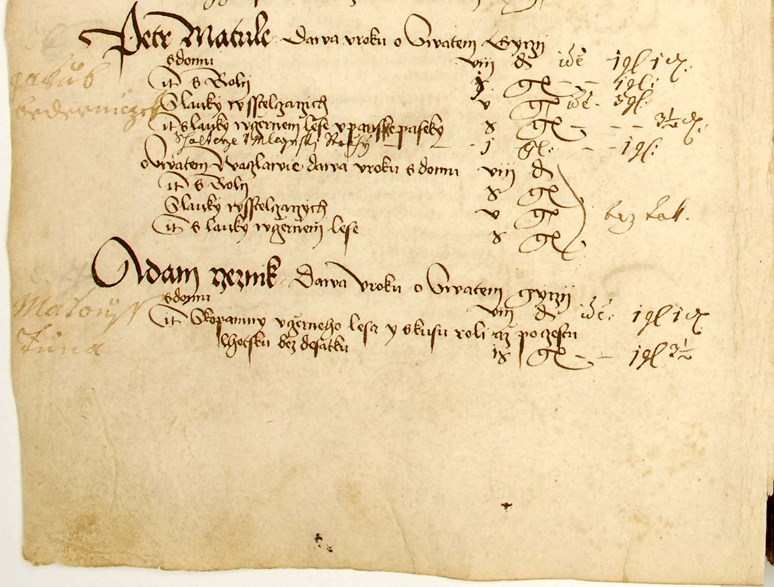 (Fig. 1) Detail of a land register of Brtnice domain before the year 1538 (MZA, Collection G 10, inventory number 638). Translation in the right hand column.