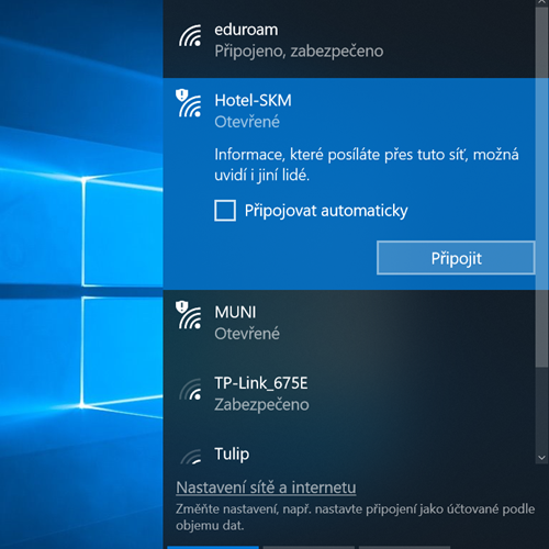 Připojení do WiFi Hotel-SKM na zařízení Windows 10