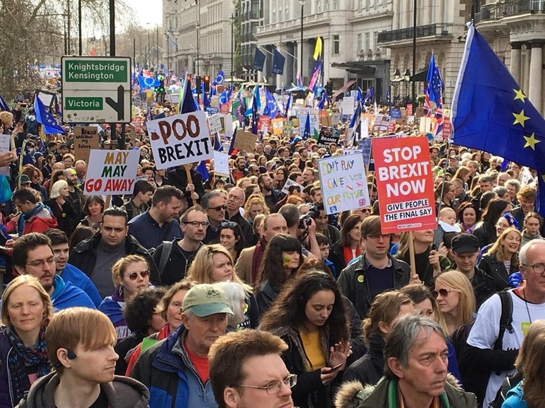 Foto: Protestní pochod odpůrců brexitu Londýnem / „People's Vote march - a million protest against Brexit“, TeaMeister, Flickr, CC BY 2.0. Zdroj: https://www.flickr.com/photos/158710843@N02/32566081597