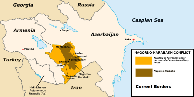 Mapa Arménie, Ázerbájdžánu a Náhorního Karabachu. Foto: Achemish, Wikimedia Commons, CC BY-SA 4.0