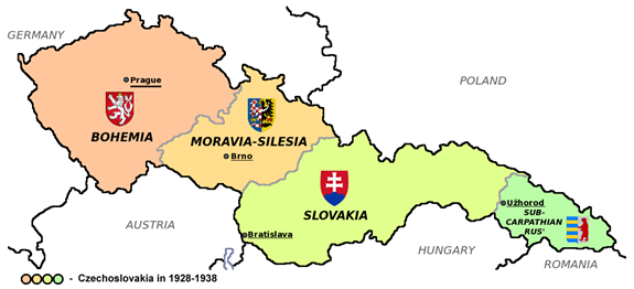 Zemská mapa Československa v letech 1928 až 1938 s vyznačenými zemskými hlavními městy a znaky jednotlivých zemí, 12. 8. 2011, CC BY-SA 3.0
