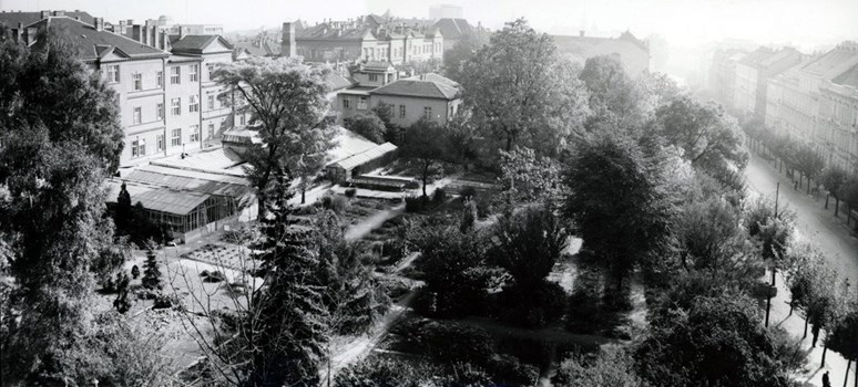 Areál PřF MU, pohled z domu na Kotlářské ulici. Foto: Archiv MU, 70. léta 20. století, nedatováno.