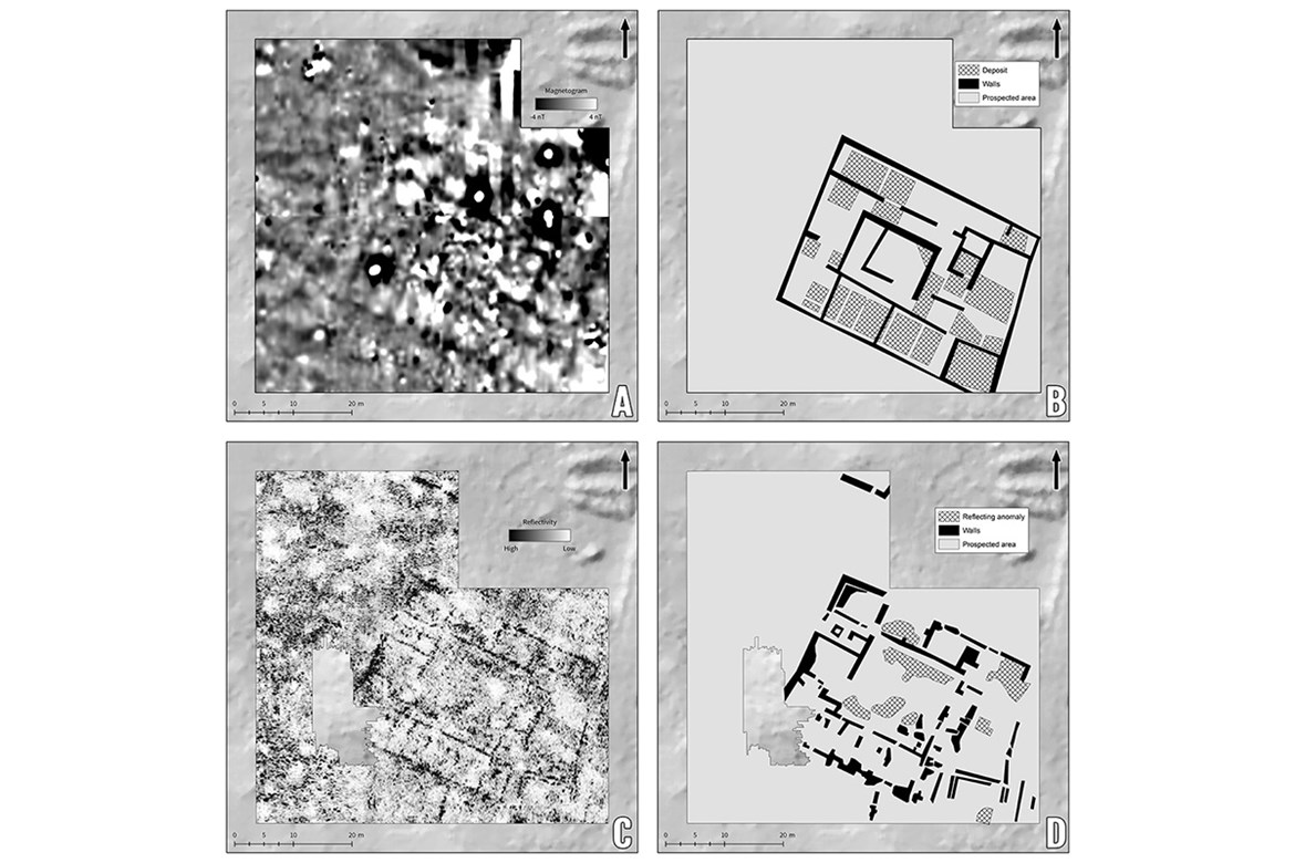 An ideal example of good research practice applied to Roman architecture at Bibracte is represented by the villa PC2. A comparison between the results of magnetometric (1, B) and GPR (C, D) survey.