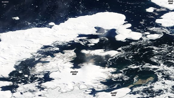 A satellite image from January 15 showing that sea ice is being driven by a western winds into the mouth of Prince Gustav Channel to the Antarctic Sound.