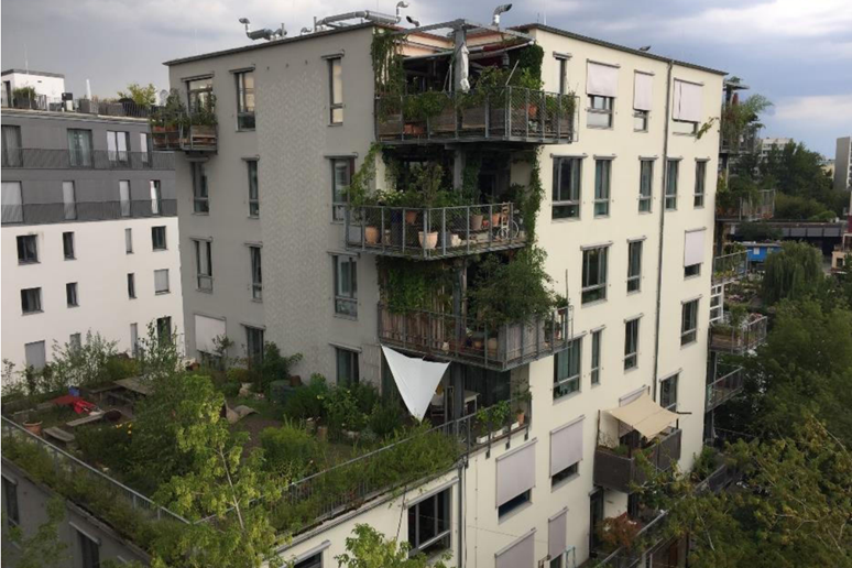Ekologicky udržitelné družstevní bydlení v Berlíně. Součástí domu jsou soukromé i komunitní zelené střechy, balkony, terasy, pokoje pro hosty, zkušebna, multifunkční prostory, dílna nebo tělocvična. I když se jedná o komunitní bydlení, velký důraz je zde kladený na soukromí obyvatel domu. Soukromé prostory tvoří 73 procent domu. Foto: Jenny Pickerill