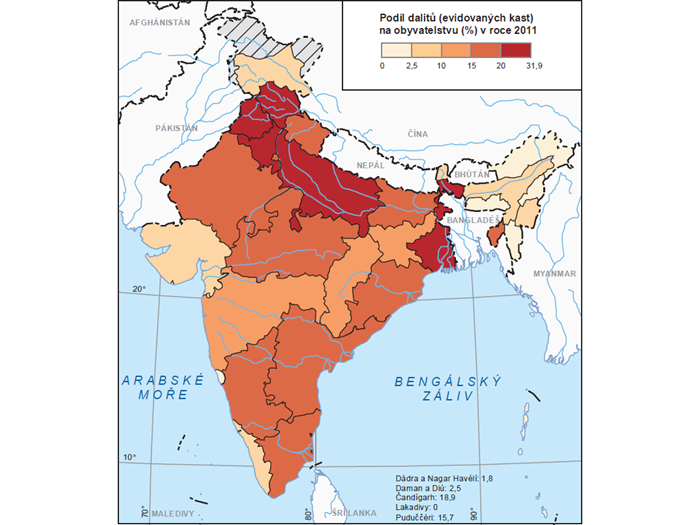 Podíl dalitů v populaci indických států (2011)