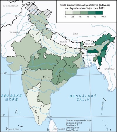 Podíl kmenového obyvatelstva v populaci indických států (2011)