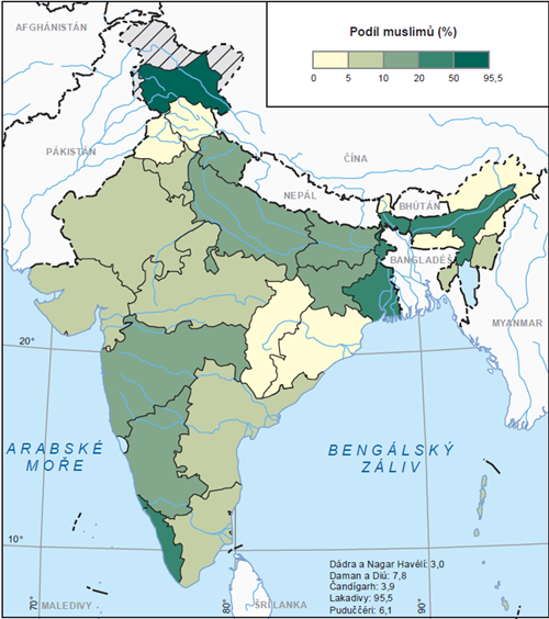 Podíl muslimů v populaci indických států (2001)