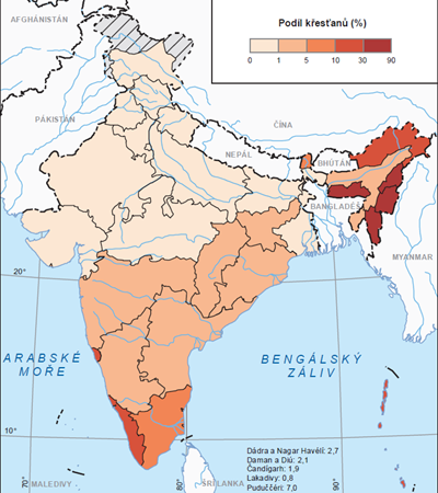 Podíl křesťanů v populaci indických států (2001)