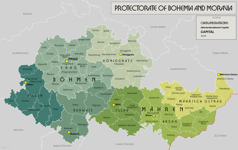 Rozdělení Protektorátu do oberlandratů v roce 1942. Foto 2: Protectorate of Bohemia and Moravia, File:Protectorate Of Bohemia and Moravia.png - Wikimedia Commons.