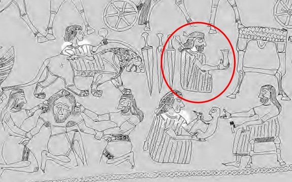 Obrázok 4: Detail Zlatej misky z Hasanlu s vyznačeným stvárnením muža v ženskom odeve a v typicky ženskej polohe.
Kresba Maude de Schauensee. Upravené podľa Cifarelli 2018.