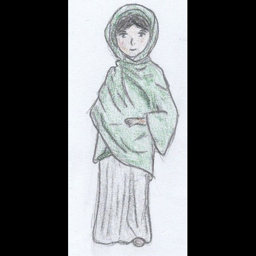 Žena, oblečená v peplu a přes něj přehozen himation, vlastní kresba.                    
