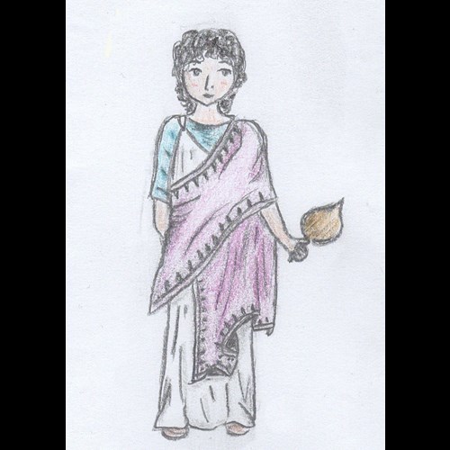 Žena oděná v chitónu, přes který má peplos a epiblemu, vlastní kresba.