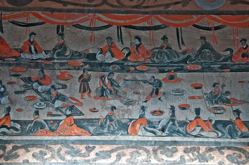 A late Eastern Han (25–220 AD) Chinese tomb mural showing lively scenes of a banquet (yanyin 宴飲), dance and music (wuyue 舞樂), acrobatics (baixi 百戏), and wrestling (xiangbu 相扑), from the Dahuting Tomb.