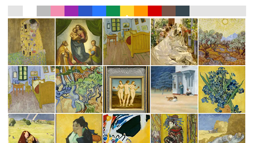 Rozhraní Google Arts and Culture, kde je možné procházet obrázky a díla dle barevné palety.