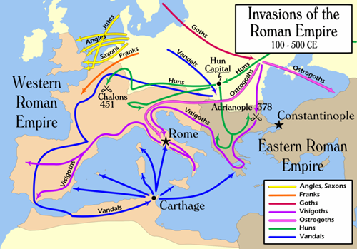Mapa migrací a vpádů „barbarů“ na římské území