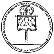 Nákres vojenské standarty Konstantina Velikého s christogramem (Kristovým monograem nahoře ve vítězném věnci).
