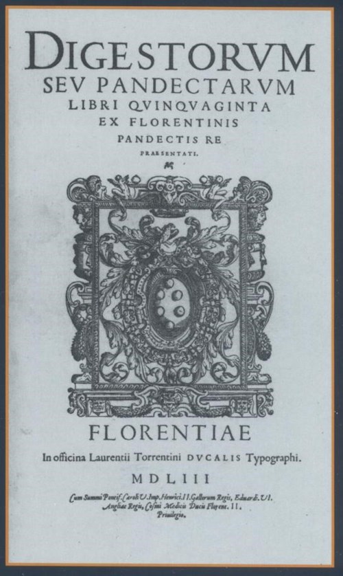 Titulní strana výtisku Digest (tzv. Littera Florentina) z roku 1553.