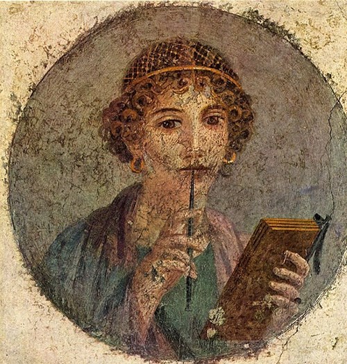 Pompejská freska ženy s voskovými tabulkami a rydlem, tzv. Sapfó, dnes v Neapolském národním muzeu, inv. 9084.