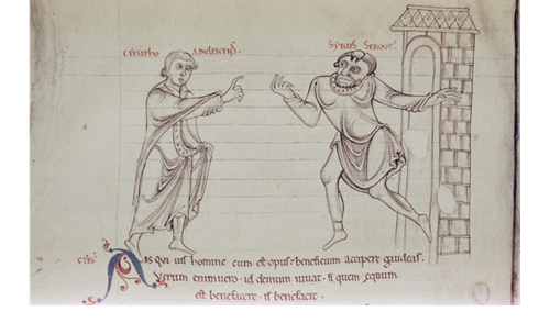 Ilustrace dialogu mezi mladíkem jménem Ctesipho a otrokem Syrem. Oxford, Bodleian Library, MS. Auct. F. 2. 13, fol. 103v.