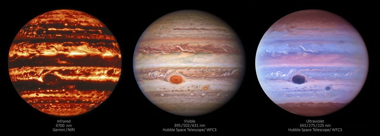 Jupiter v infračervené, viditelné a ultrafialové oblasti záření