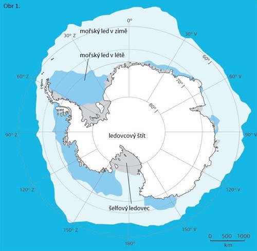 Pevninský led je na Antarktidě zastoupen ledovcovým štítem, který pokrývá většinu kontinentu. Na mapce dále vidíš rozlohu šelfových ledovců i mořského zámrzu, a to jak v zimě, tak v létě.