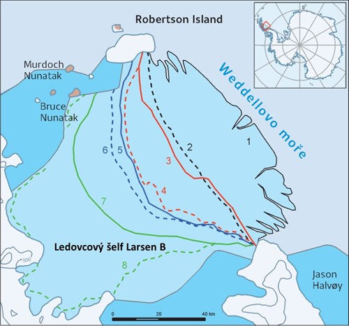 Mapka znázorňuje ústup čela šelfového ledovce Larsen B (očíslováno od 1 po 8), který proběhl u Antarktického poloostrova v r. 2002.
