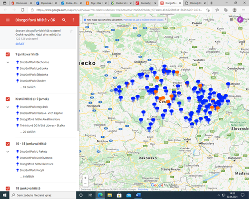 Mapa diskgolfových hřišť v České republice