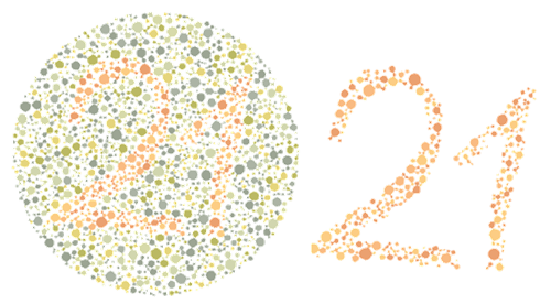 Člověk, kterému barvocit funguje bezchybně, by měl v hromadě teček na prvním obrázku vidět velkou dvacet jedničku, kterou tvoří oranžové tečky mezi zelenými, jak je naznačeno na druhém obrázku. Pokud ale máme s rozlišováním červených a zelených odstínů problém, uvidíme jen nerozlišitelnou hromádku teček.