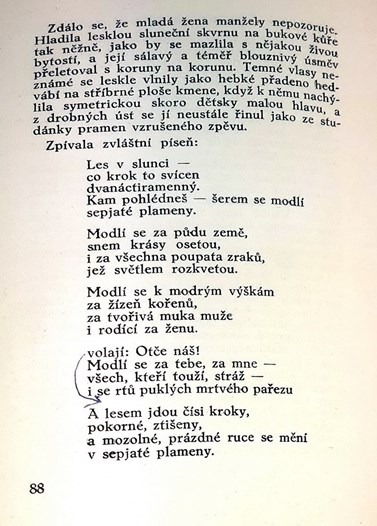 A page from Plameny mezi buky, with author’s correction of a printing error