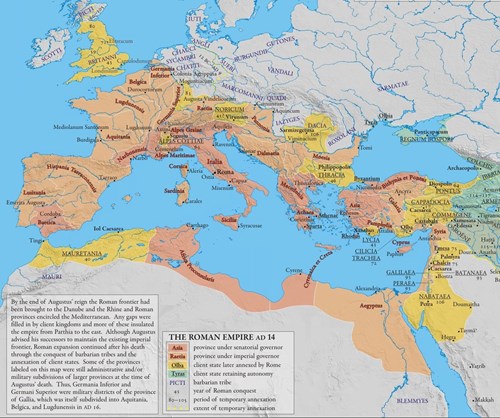 Římská říše v r. 14 n. l., v době smrti prvního císaře Octaviana Augusta