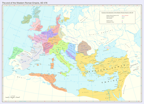Východní a západní část říše v roce 476 n. l.