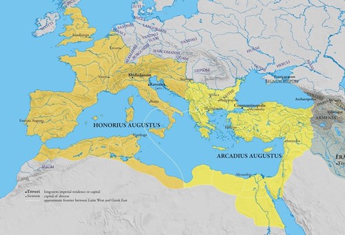 Rozdělení říše na východní a západní část v roce 395 n. l. – dominát, počátek rozdělení na říši Západořímskou a Východořímskou