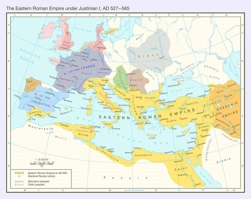 Byzantská říše po výbojích císaře Justiniána (v r. 565 n. l.) 