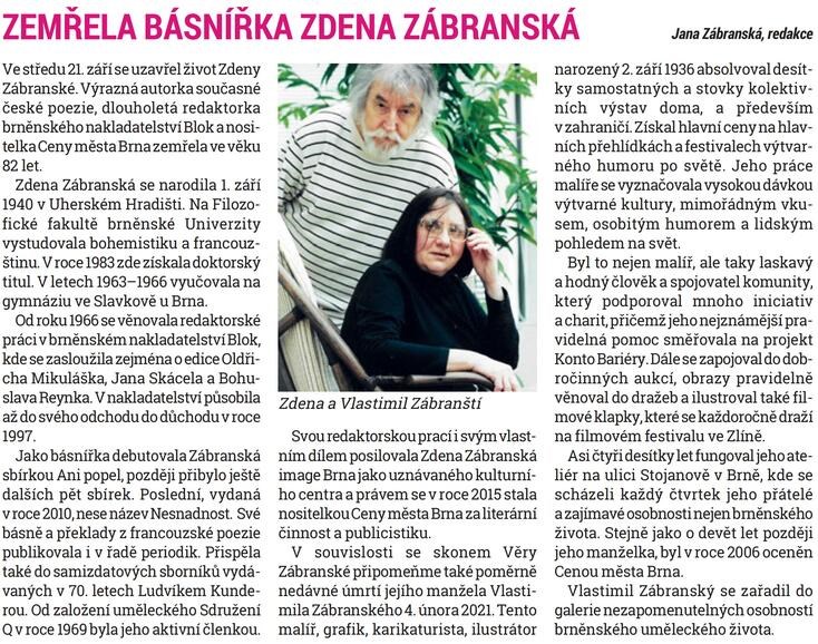 Zemřela básnířka Zdena Zábranská