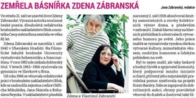 Zemřela básnířka Zdena Zábranská